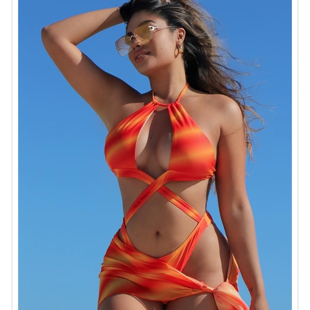 Orange Ombre Stripe Halter Cross Front Swimsuit
